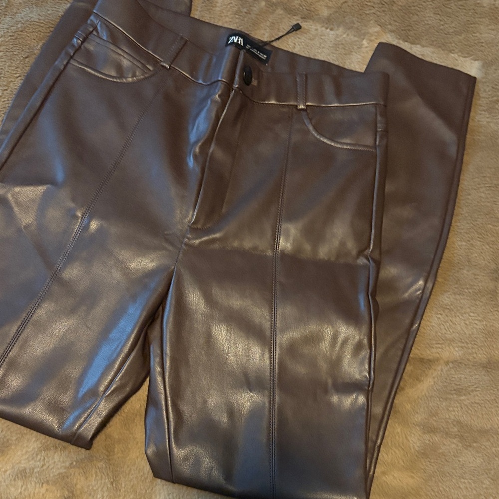 Zara Chocolate Faux Leather Trousers